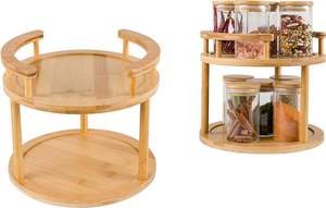 Porte-épices en bambou à 2 niveaux, étagère rotative pour épices de <span class=keywords><strong>cuisine</strong></span> pour le rangement des bouteilles d'assaisonnement - Product Image 4