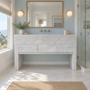 UnionStone Meuble-lavabo de salle de bain de luxe en marbre blanc de Carrare, rectangulaire, à trois trous, poli, style côtier, à fixation murale, certifié NSF - Product Image 1