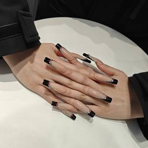 Unghie Finte Muhaha Trend Design, Lunghe a Forma di Bara, Nere con Strass e Punta Francese - Product Image 4
