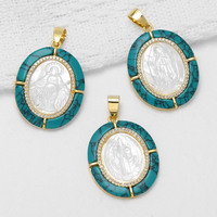 ASJEWELRY Pendentif Vierge Marie en Cuivre Plaqué Or avec Coquillage et Turquoise, Breloques pour Fabrication de Colliers Catholiques, Composant pdtc001