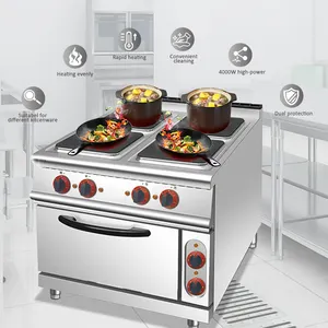 Proveedor de equipos de cocina profesional, Cocina eléctrica de placa cuadrada de 4 Uds. con horno de panadería para la industria de catering comercial