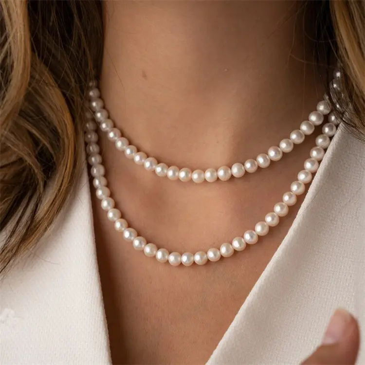 Minimalist Custom Jewelry Waterproof Stainless Steel 3/4/6/8mm Round Glass Pearl Beads Choker Pearl Necklace For Men Women