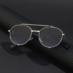 Gafas de Sol Unisex Estilo Steampunk, Montura Completa de Metal, Doble Puente, Lentes de PC con Protección UV400 Clase 2, Color Gris Azul Dorado C14 C2 1 WF 2A553 - Product Image 3