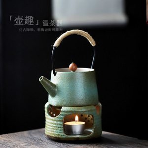 Théière amusante en céramique avec support pour bougie, résistante à la chaleur, pour le camping, service à thé Kung Fu, glaçure en pierre bleue - Product Image 1