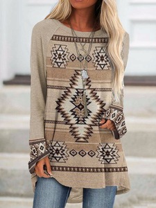 Wholesale Ladies Vintage Long Sleeve Loose T-shirt Sweatshirt Neck Aztec Geometric Pattern <strong>Tops</strong> Casual Style Woven Women's <strong>Tops</strong> - Product Image 4
