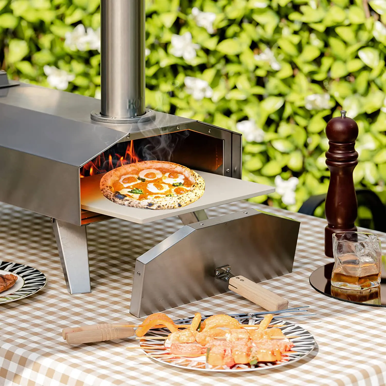 Four à Pizza Mobile autoportant en granulés d'acier inoxydable et bois, barbecue d'extérieur