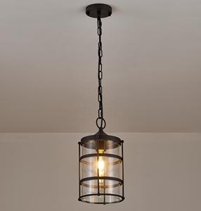 Luminaire extérieur en verre et en fer cylindrique à 1 ampoule E26, style industriel, luminaire suspendu pour porche, cour, noir - Product Image 4