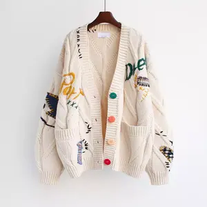 Custom Logo Oversized Knitted Embroidery Cardigan Ladies Fashion Knit Jacquard Loose Women Cardigans Sweater With Pockets