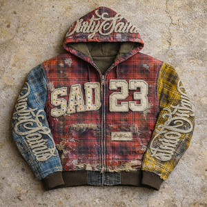 Hoodie met custom applicatie borduurwerk, strass steentjes, wafelstructuur, acid wash, rits, patchwork, vintage, distressed streetwear - Product Image 1
