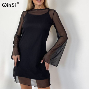 QINSI personnalisé Offre Spéciale col rond mode <span class=keywords><strong>nuisette</strong></span> Sexy décontracté femmes noir deux pièces robe à manches longues chemise de nuit pour les femmes - Product Image 1