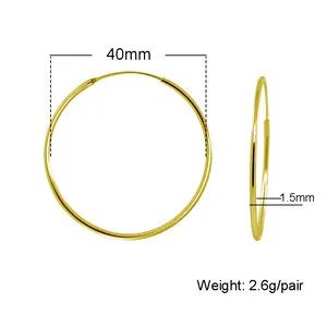 Lớn 40Mm 4Cm 18K Mạ Vàng Ống Không Làm xỉn Mỏng Lớn Hoop Bông Tai 925 Sterling Bạc Hoops