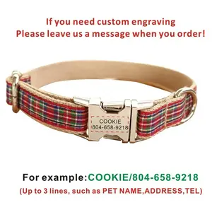 Conjunto de collar y correa de perro personalizado a cuadros escoceses, grabada con nombre personalizado etiqueta de identificación, collar de mascota ajustable para cachorro - Product Image 4