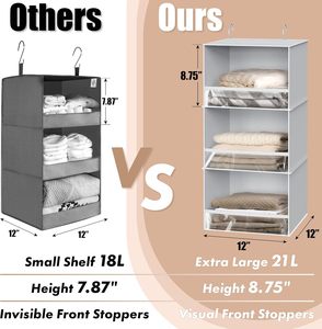 3棚ハンギングクローゼットオーガナイザーフロントストッパーグレー折りたたみ式衣類工具収納リネン布 - Product Image 1