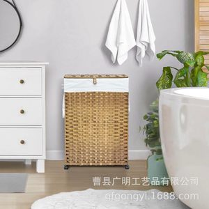 <b>Collapsible</b> Rattan Laundry Basket With Wheels Rectangle Brown Gray Coffee Color Non-Woven Fabric Liner Standing Type Clothing - Product Image 3