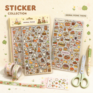 Pegatinas troqueladas de animales lindos para picnic, de papel sintético de alta calidad, con personajes de comida de dibujos animados, para diario, álbum de recortes, planificador, bricolaje - Product Image 1