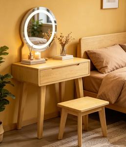Scandinavian Solid Beech Makeup <b>Vanity</b> With <b>Lighted</b> <b>Mirror</b> And Storage Drawer For Bedroom - Product Image 4