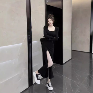 Women Long Sleeve Bodycon Dress Black Solid Color Knitted Stretch High Slit Long Skirt Spring Autumn Wear - Product Image 4