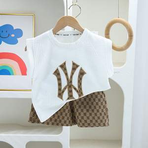 Nouvel ensemble de gilet pour garçons, logo blanc, 2 pièces, mode d'été, haut sans manches pour tout-petits + <span class=keywords><strong>short</strong></span>, coton respirant, tenue Instagram, 2-7 <span class=keywords><strong>ans</strong></span> - Product Image 3