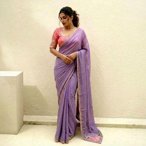 Sari de Seda con Estampado Digital Colorido de NiMa Creations, Borde Bordado, Tradicional Indio, para Bodas, Fiestas, Diwali, para Mujer, Talla Regular - Product Image 1