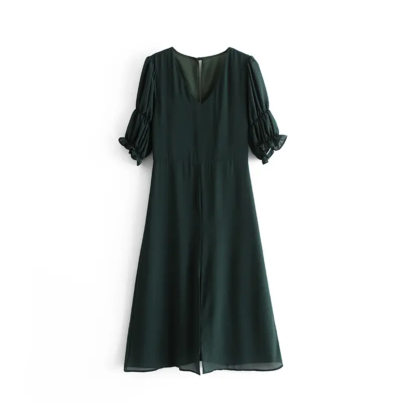 French style half sleeve dark green color front split women fashion summer casual chiffon dresses