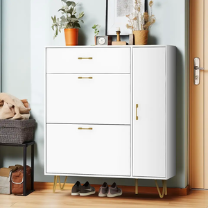 <span class=keywords><strong>Zapatero</strong></span> de Madera Maciza Blanca - Mueble <span class=keywords><strong>Zapatero</strong></span> de Madera con 2 Cajones Abatibles, Patas de Metal Dorado de Lujo y Almacenamiento, Precio de Fábrica - Product Image 2
