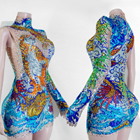 Robe de danse mini en maille transparente à col montant et une seule manche, ornée de strass, motif Tigre Dragon coloré, pour costumes sexy, tenues de scène et Drag Queen