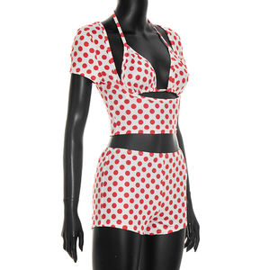 Viviblook J26ST108 Women Summer <b>Set</b> Sexy Polka Dot Printed Strap Bra Short Sleeve Crop Top Elastic Shorts Casual 3 Piece <b>Set</b> - Product Image 5