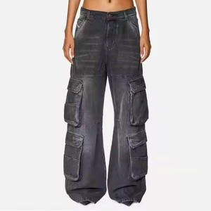 مخصص للرجال كارجو 15 أونصة قطن بنطلون جينز كلاسيكي مبطّن جينز فضفاض للرجال مستقيم 3D جيوب متعددة البضائع غسل الجينز الرجال - Product Image 1