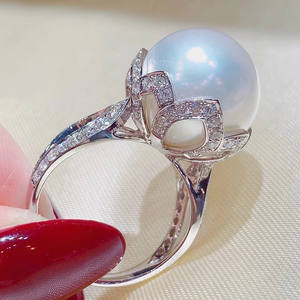 F1773 Women's Cocktail <b>Ring</b> Seawater <b>Pearl</b> Round Brilliant Cut Diamond Pave Setting Wedding Fine Jewelry - Product Image 1