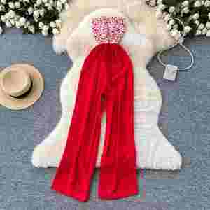 Mono largo casual de primavera sin tirantes, sin mangas, de cintura alta, transpirable, con encaje floral y patchwork para mujer al por mayor - Product Image 4