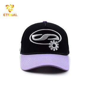 Tùy chỉnh 3D thêu cấu trúc bảng điều khiển màu đen màu xanh lá cây vành mũ bóng chày 5 bảng điều khiển 2 tông màu đen bảng điều khiển màu tím vành mũ bóng chày - Product Image 2