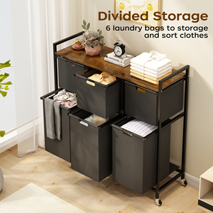 <span class=keywords><strong>Panier</strong></span> à linge moderne en métal avec roulettes, grande capacité, organisateur de bureau avec 6 sacs à linge extractibles - Product Image 4