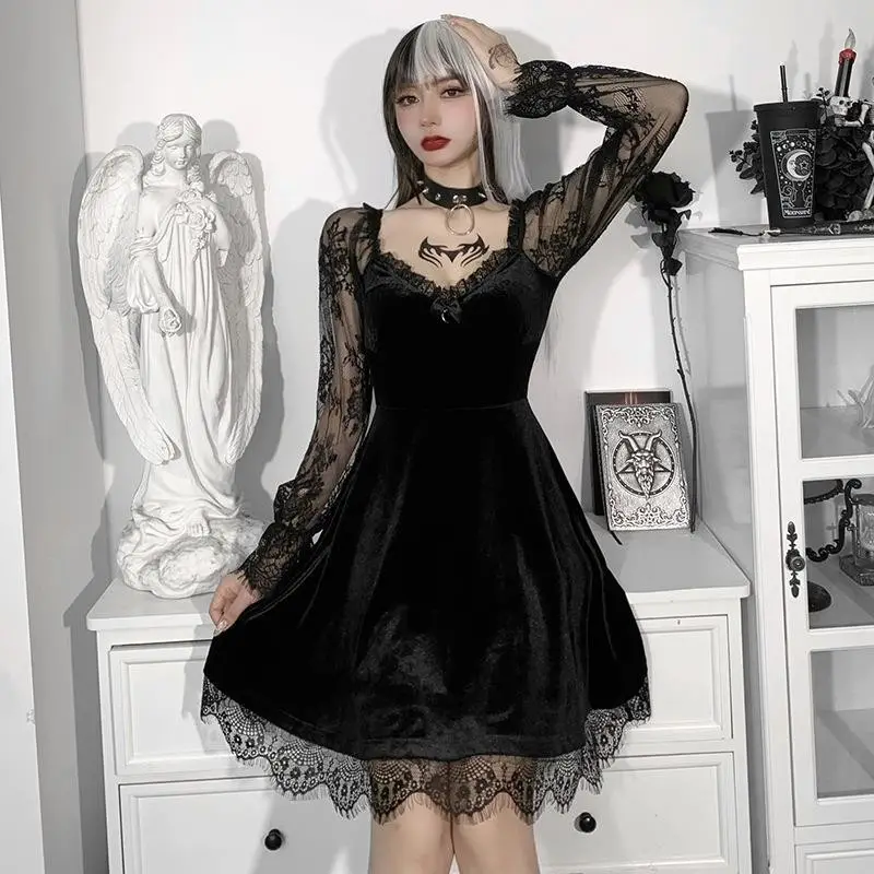 Women's Punk Gothic Dress Black Retro Grunge Layered Lace up Dress Gothic Lolita Dress Hottie Halloween Vampire PROM Costume