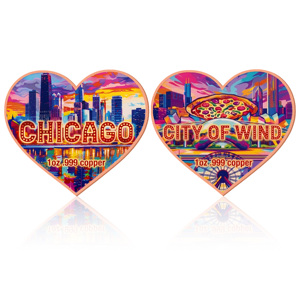 Nuova Moneta <span class=keywords><strong>in</strong></span> Rame Puro .999 da 1 Oz, Moneta a Forma di Cuore della Città del Vento di Chicago - Product Image 1