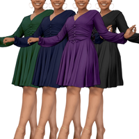 Robes d'été tendance J0203 pour femmes, décontractées et élégantes, col en V, manches longues, coupe ajustée, longueur genou, froncées, pour le bureau