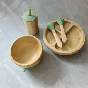 Vajilla de madera para niños, 5 uds., plato de succión, cuenco, cuchara de alimentación para bebé, tenedor para vajilla, platos de bambú, babero, juegos de vajilla de alimentación
