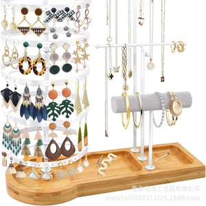 Earring And Jewelry <b>Display</b> <b>Stand</b> 5 Layers <b>Rotating</b> Desktop Organizer With Necklace Bracelet Holder Wooden Bamboo Base - Product Image 1