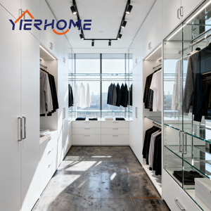 Armoire Walk-In Blanche en Contreplaqué + Portes en <span class=keywords><strong>PVC</strong></span> + Espace de Suspension Ouvert et Miroir de Dressing – Vente Directe Usine - Product Image 1