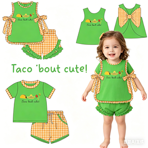 GSSO3694 Conjunto de ropa de verano para niña pequeña con estampado de comida verde, sin mangas, con lazos. - Product Image 1