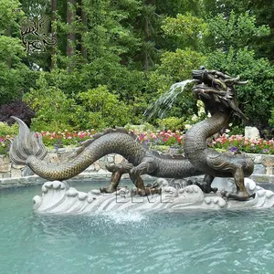 Fonte de bronze para jardim, grande decoração externa de metal chinesa feng shui animais fonte de água com estátua
