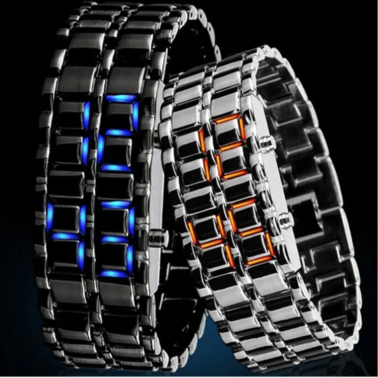 Luxury Iron Metal Red Blue LED Samurai Watch for Men Lady Reloj Hombre led bracelet Digital Lava Wrist Watch