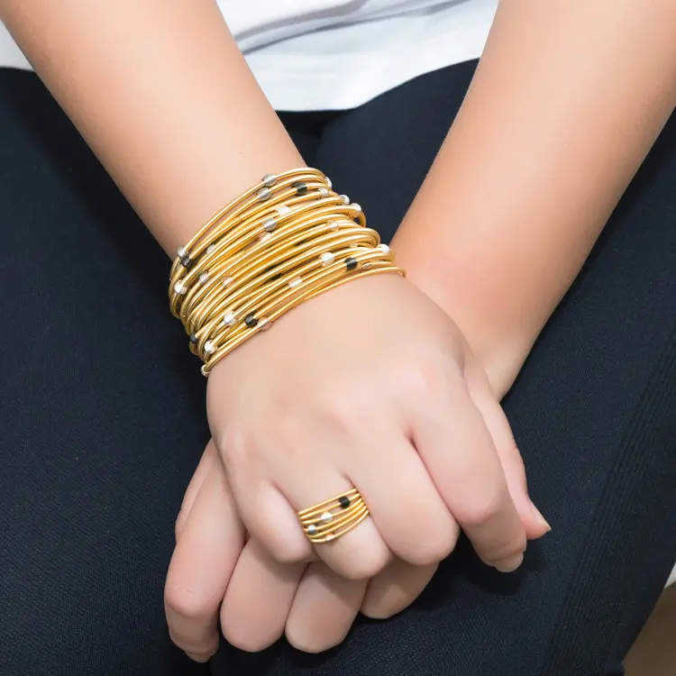 Amoryubo 2020 Free Sample Wholesale Stainless Steel Gold Plated Spring Fashion Beaded Bracelet Set Handmade For Women