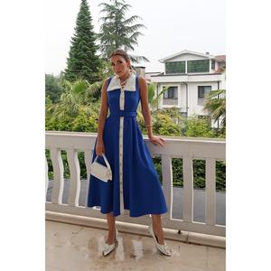 Robe de cocktail Saks A-Line sans manches à col halter, taille naturelle, en satin respirant, bleue - Product Image 6