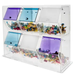Clear acrylic candy bin with colored flaps for custom perspex food dispenser with 6 compartments