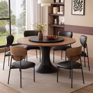 Table à manger ronde en bois massif de style français, style rétro américain avec plateau tournant, table à manger en bois de frêne marbré - Product Image 1