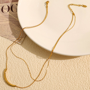 European American Trendy Double Layer Gold Plated <b>Titanium</b> Steel Necklace Geometric Design Short Clavicle <b>Chain</b> For Women - Product Image 3