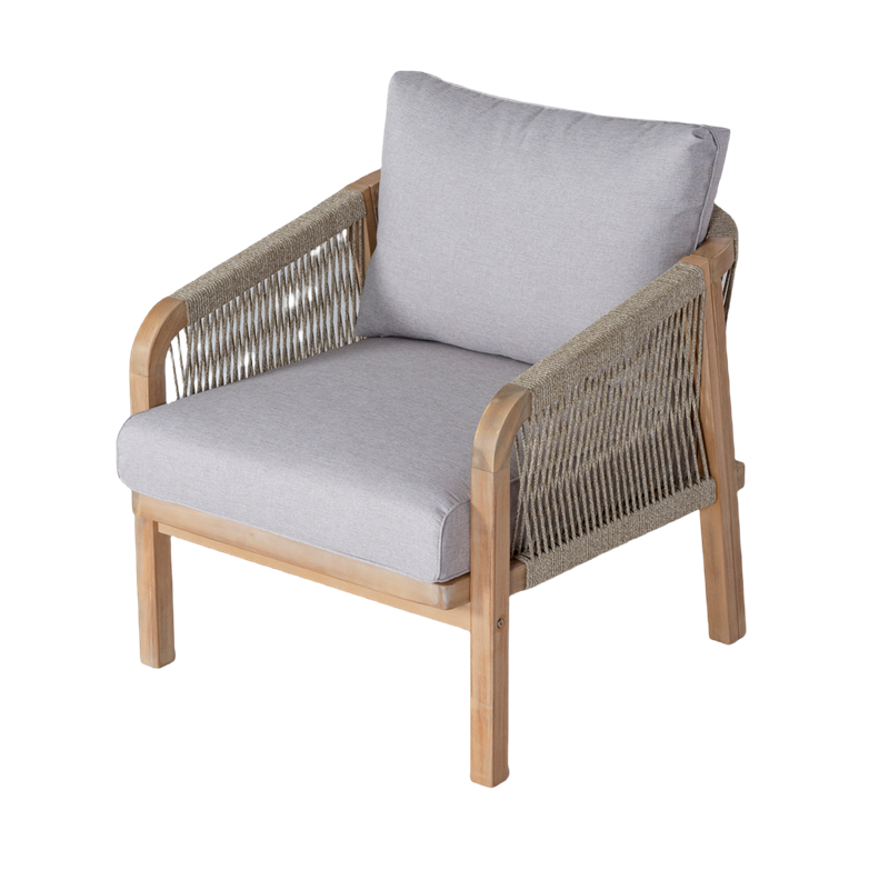 Wood: light PU teak + Cushion: custom