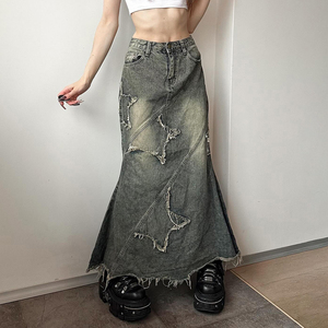 Jupe longue en jean taille haute pour femme avec patchwork d'étoiles déchirées et bords à franges, jupe longue en jean vintage style A - Product Image 4
