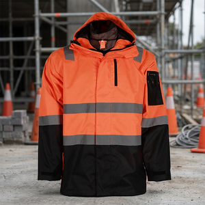 Reflective Hi <b>Vis</b> ANSI Class 1 Safety <b>Jacket</b> for Men <b>Orange</b> Waterproof Polyester Rain <b>Jacket</b> with Hood - Product Image 3