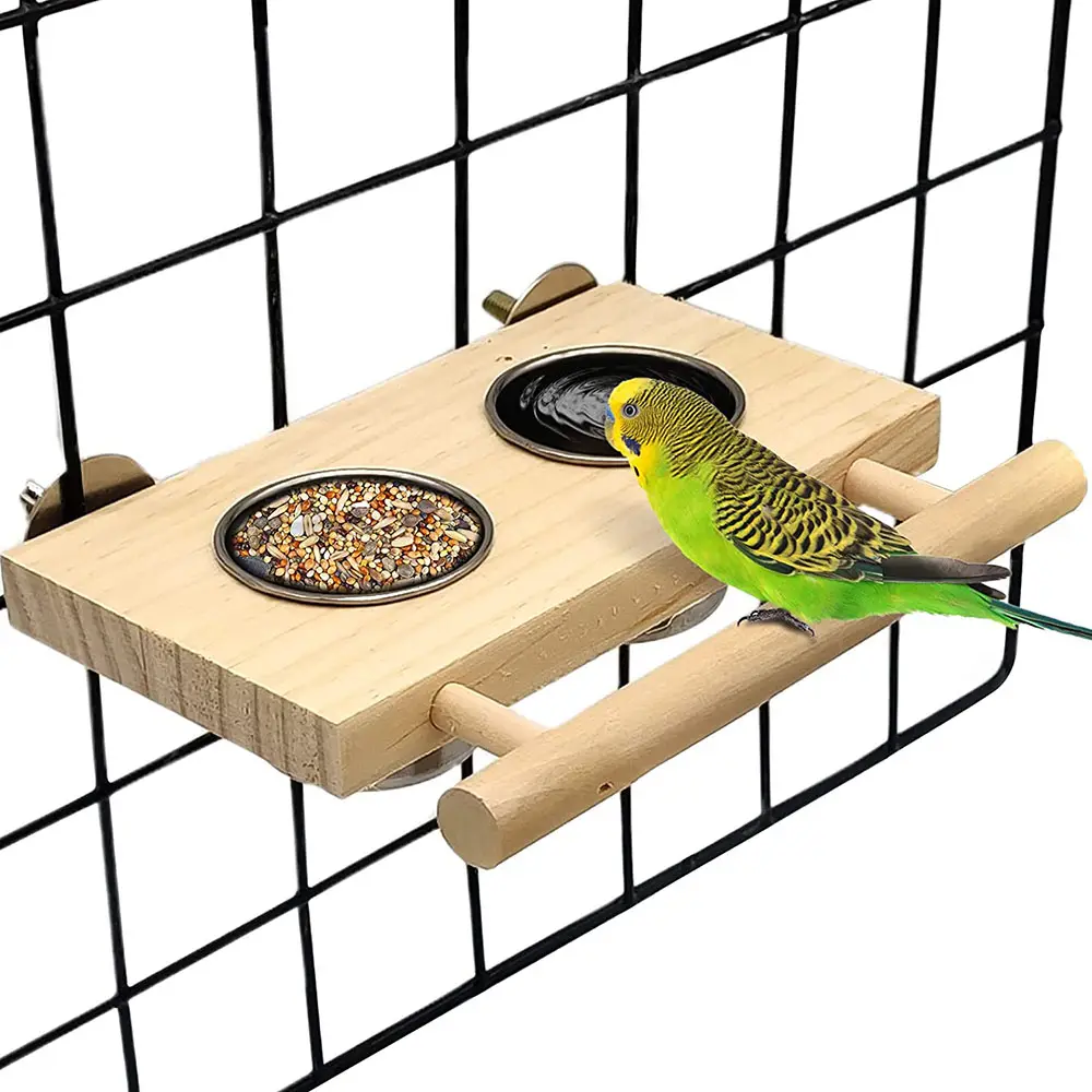 Makanan burung cangkir baja tahan karat dudukan kayu mangkuk pengumpan gantung makan dan penyiraman untuk parkit Conures burung bayan